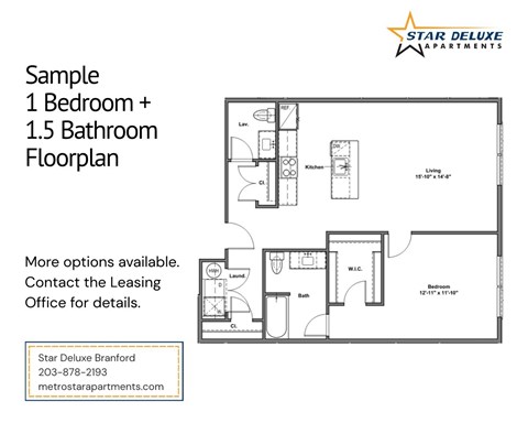 A floor plan for a 1 bedroom plus 1.5 bathroom apartment from Star Deluxe Apartments.